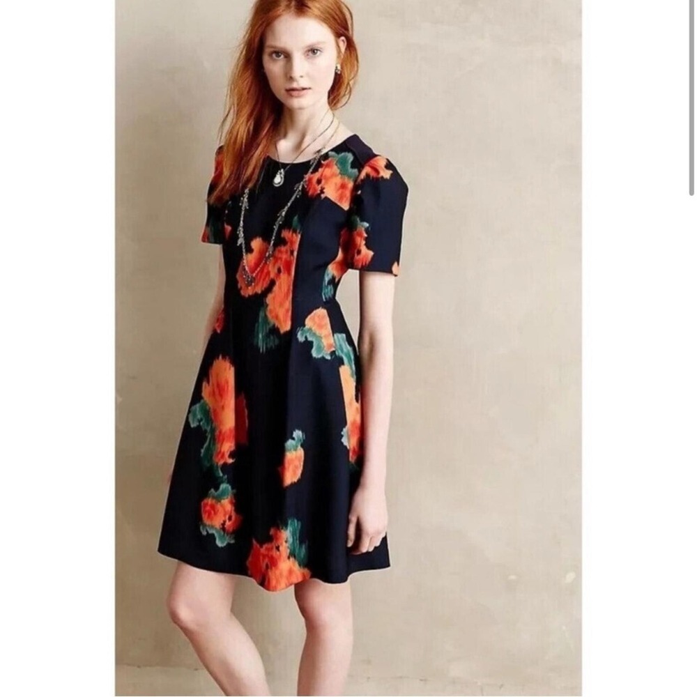 Anthropologie McGinn Size‎ 6 Navy Blue Orange Floral Teacup Short Sleeve Dress